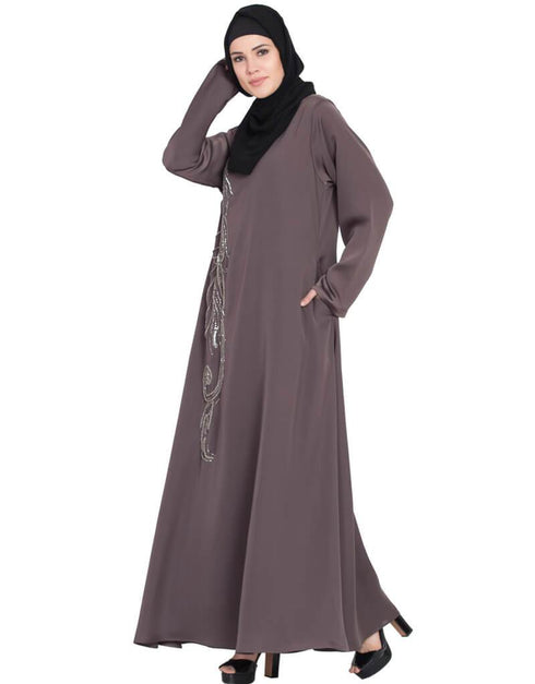 Dubai Front Embroidered Umbrella Abaya Brown